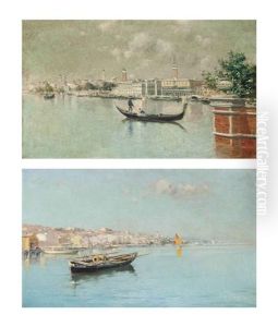 A Gondola Ride Before The Molo, Venice And Boats Moored Off A Coastal Town (pair) by Eliseo Meifren y Roig