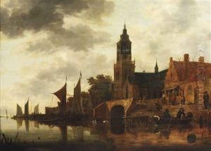 A River Landscape With Figures Outside An Inn On The River Bank