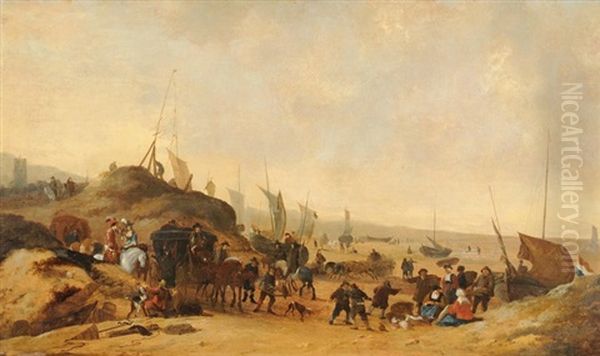 Belebte Strandszene Mit Kutsche, Eleganter Gesellschaft Und Handlern - view 1