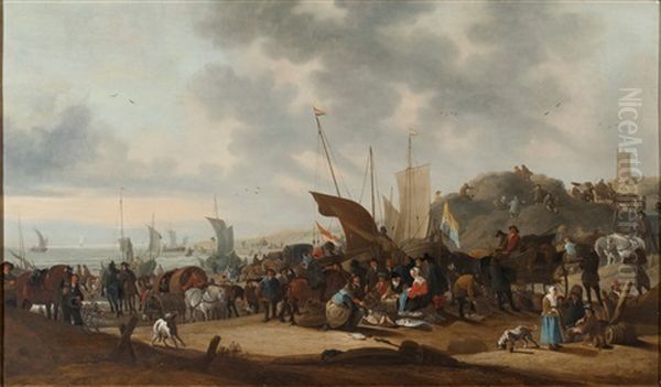 Belebte Strandszene Mit Kutsche, Eleganter Gesellschaft Und Handlern - view 1