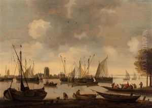 Ships On The Merwede With Dordrecht On The Horizon by Hendrick De Meijer