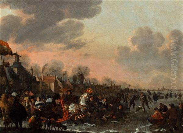A Sleigh And Iceskaters On The Frozen Canal Nearby The Oude Ooster Hoofdpoort In Rotterdam - view 1