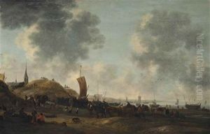 A View Of Scheveningen Beach With Figures, Boats, Wagons And Horses