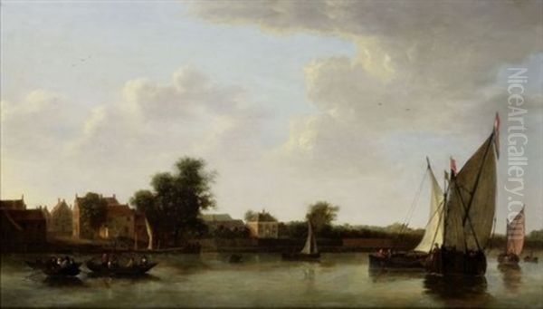 Paysage Avec Riviere Et Bateaux Devant Une Ville - view 1