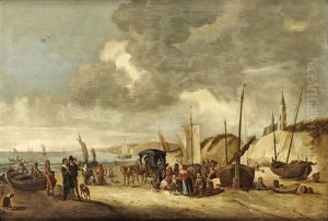 Kustlandskap Med Rastande Sallskap Pa Strand Med Staden Scheveningen I Bakgrunden by Hendrick De Meijer