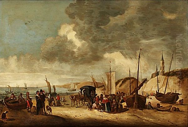 Kustlandskap Med Rastande Sallskap Pa Strand Med Staden Scheveningen I Fonden - view 1
