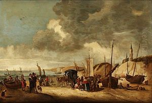 Kustlandskap Med Rastande Sallskap Pa Strand Med Staden Scheveningen I Fonden