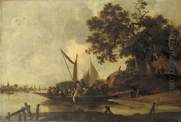 A Ferry With A Horse-drawn Carriage Crossing A River - view 1