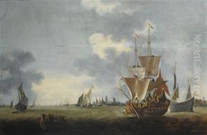 Merchantmen And Other Shipping Sailing Out Of The Harbour Of Dordrecht, A Ferry With Figures To The Left Foreground by Hendrick De Meijer