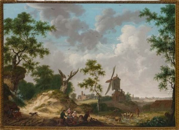A Landscape With Figures Resting Near A Windmill, A Town In The Distance, In A Trompe L'oeil Painted Frame - view 1