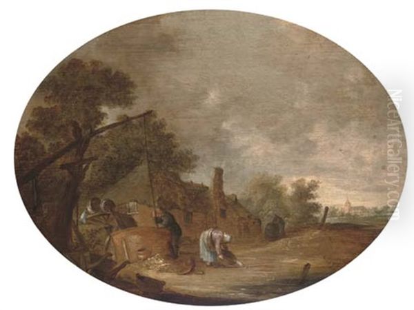 A Landscape With Peasants Drawing Water From A Well Before A House, A Church Beyond - view 1