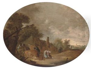A Landscape With Peasants Drawing Water From A Well Before A House, A Church Beyond by Hendrick De Meijer