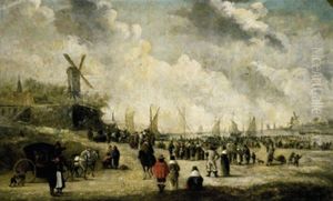 Strandansicht Mit Vielen Figuren Und Einer Zweispanigen Kutsche Strandansicht Mit Vielen Figuren Und Einer Zweispanigen Kutsche