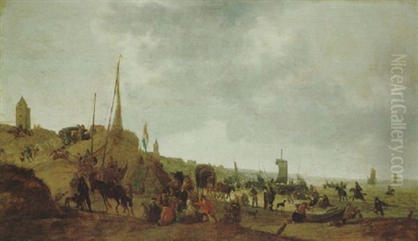 Grose Standlandschaft Bei Scheveningen Mit Der Heute Noch Bestehenden Gotischen Kirche, Mit Booten, Pferdewagen Und Vielen Figuren - view 1