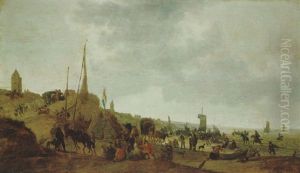 Grose Standlandschaft Bei Scheveningen Mit Der Heute Noch Bestehenden Gotischen Kirche, Mit Booten, Pferdewagen Und Vielen Figuren by Hendrick De Meijer