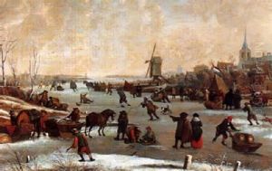 Winterlandschaft Mit Eislaufern Vor Einer Stadt