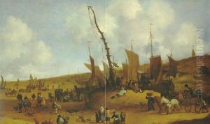 Blick Auf Die Kuste Vor Scheveningen, Rechts Im Hintergrund Die Gotische Kirche, Im Vordergrund Viele Figuren