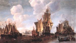 Flotilla Of Vessels Surrounding Two Dutch States Yachts And A Man O' War