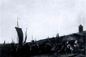 A Beach Scene With A Ship Unloading Its Cargo, Travellers In A Wagon, And Villagers Gathered On The Shore by Hendrick De Meijer