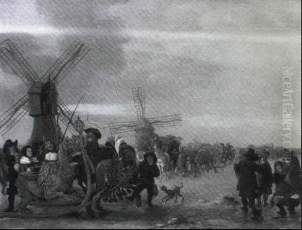 Winter Landscape With Skaters And Horse Drawn Sledges - view 1