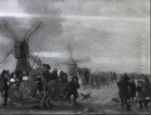 Winter Landscape With Skaters And Horse Drawn Sledges