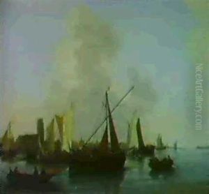Shipping In A Calm Off Dordrecht by Hendrick De Meijer