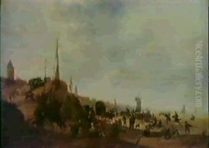 The Beach At Scheveningen; Fisherfolk Bringing And Trading  Their Catch On A Beach... by Hendrick De Meijer
