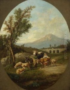 Hirtin Mit Vieh In Sizilianischer Landschaft by Johann Philipp Meinel