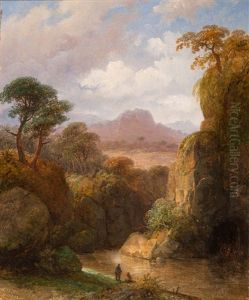 Fishermen Along The Bank Of The River In The Rhine Plain by Claus Hendrik Meiners