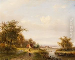Path Along The Water With A View Of A Village by Claus Hendrik Meiners