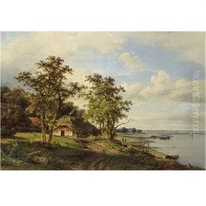 A Summer Landscape With Travellers Along A River by Claus Hendrik Meiners