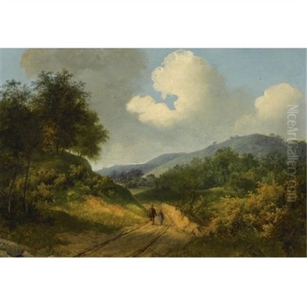 A Wooded Landscape With Travellers On A Track - view 1