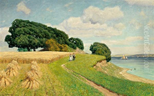 Flusslandschaft (elbe?) In Norddeutschland Mit Weizenfeld Und Figurenstaffage - view 1