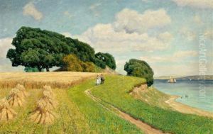 Flusslandschaft (elbe?) In Norddeutschland Mit Weizenfeld Und Figurenstaffage