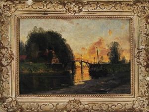 Niederlandische Abendlandschaft Mit Haus An Einer Brucke Und Rastendem Fischer Auf Seinem Kahn