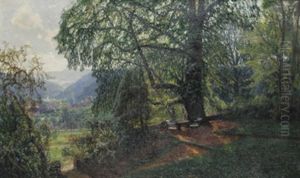 Blick Auf Eine Gartenterrasse Mit Dorf Und Bergen Im Hintergrund Blick Auf Eine Gartenterrasse Mit Dorf Und Bergen Im Hintergrund