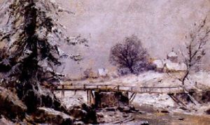 Winterliche Bachlandschaft Mit Holzernem Steg, Verschneitem Feld Und Fernem Gehoft by Georg M. Meinzolt