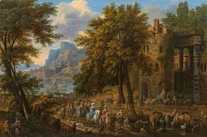 Landscape With Hunting Society, Travellers And Sheperds In Front Of A Ruin by Jan-Baptiste van der Meiren
