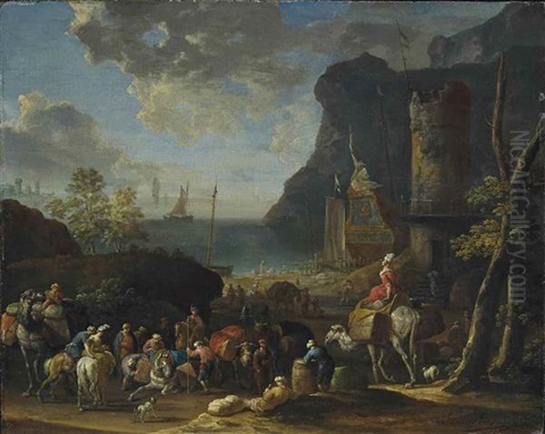 A Mediterranean Harbour Scene With Turkish Merchants Loading A Caravan In The Foreground - view 1