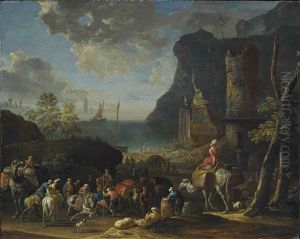 A Mediterranean Harbour Scene With Turkish Merchants Loading A Caravan In The Foreground