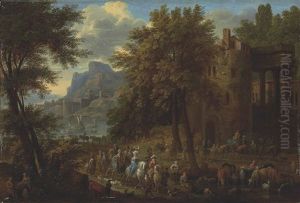 A Wooded Landscape With An Elegant Company Passing Through Architectural Ruins, With A Castle And Harbor Beyond by Jan-Baptiste van der Meiren