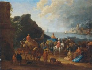 Ein Sudlicher Seehafen Mit Orientalisch Gkleideten Figuren Und Einem Reiter Auf Einem Dromedar