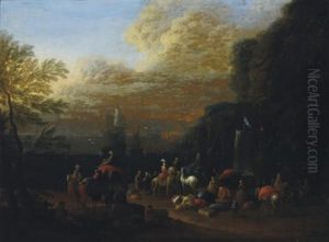 Elegant Figures On Camel And Horseback In A Mediterranean Port