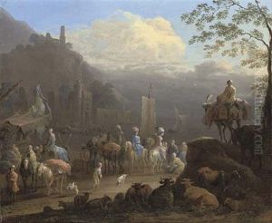 An Elegant Company Of Travellers By A Harbour With Figures In The Foreground, Cattle And Sheep Beyond