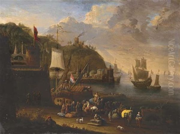 A Port Scene With Figures Unloading And Shipping Beyond - view 1