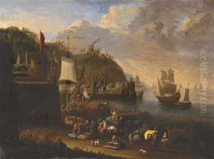 A Port Scene With Figures Unloading And Shipping Beyond