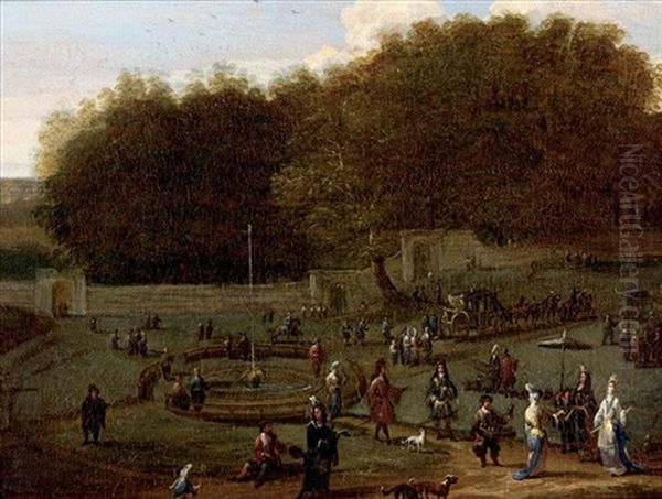 Elegant Company Promenading In A Walled Park - view 1