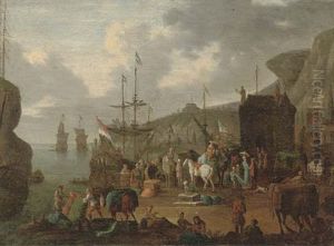 A Mediterranean Harbour With Stevedores Unloading And Elegant Company On The Shore