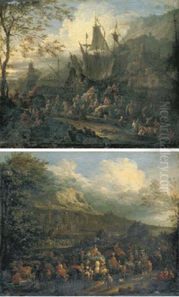 A Capriccio Of A Mediterranean Port Scene With A Four-master, A Town And Mountains Beyond (+ A Mediterranean Coastal Landscape With Merchants And Herdsmen; Pair) - view 1
