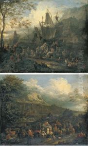 A Capriccio Of A Mediterranean Port Scene With A Four-master, A Town And Mountains Beyond (+ A Mediterranean Coastal Landscape With Merchants And Herdsmen; Pair) by Jan-Baptiste van der Meiren